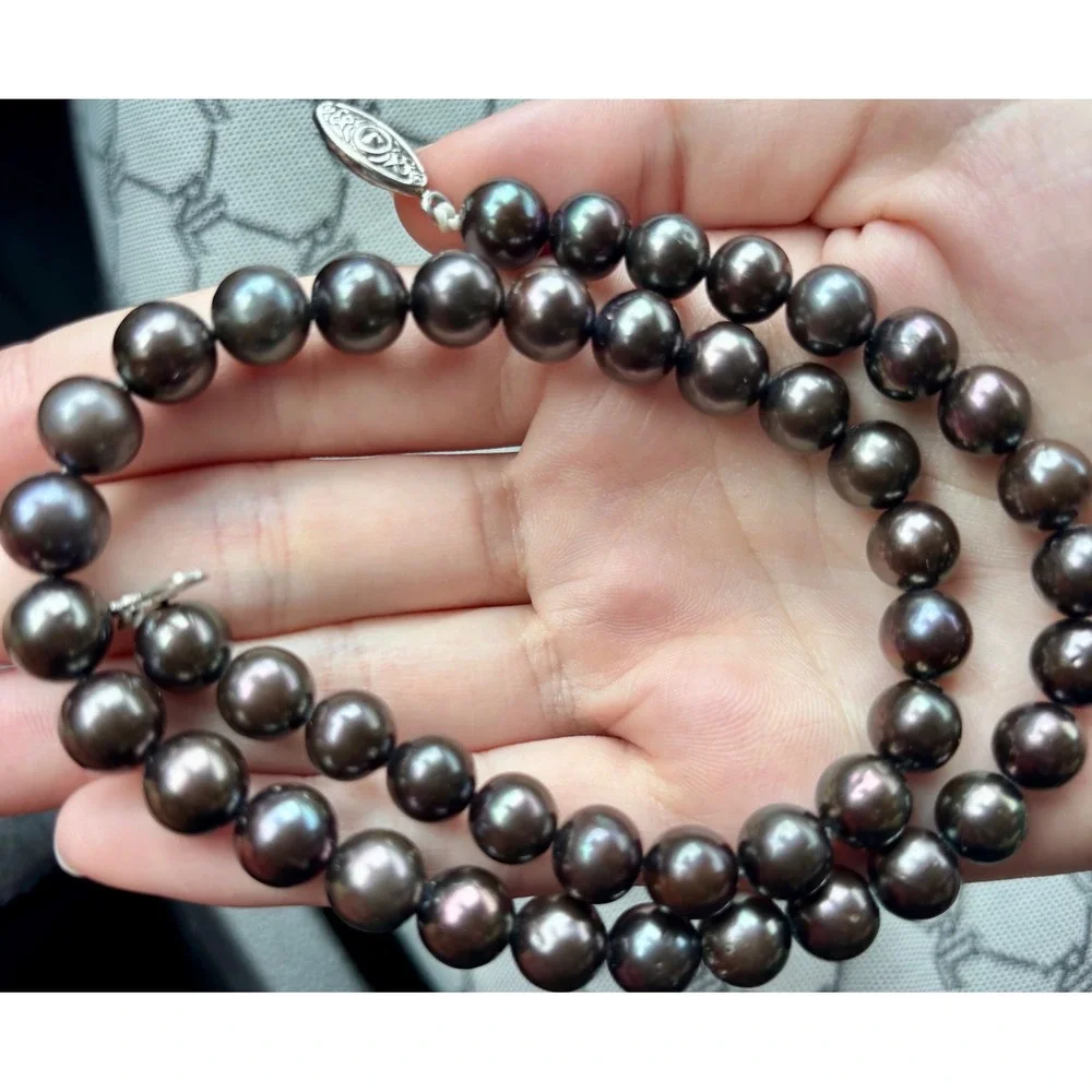 TahitiaBlack Pearl Strand Necklace Hand Knotted Iridescent Filigree Clasp